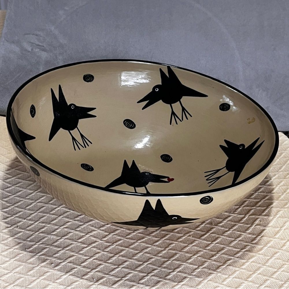Alison Palmer Handcrafted Black Bird and Yellow Ceramic over Metal Bowl - Picture 4 of 7